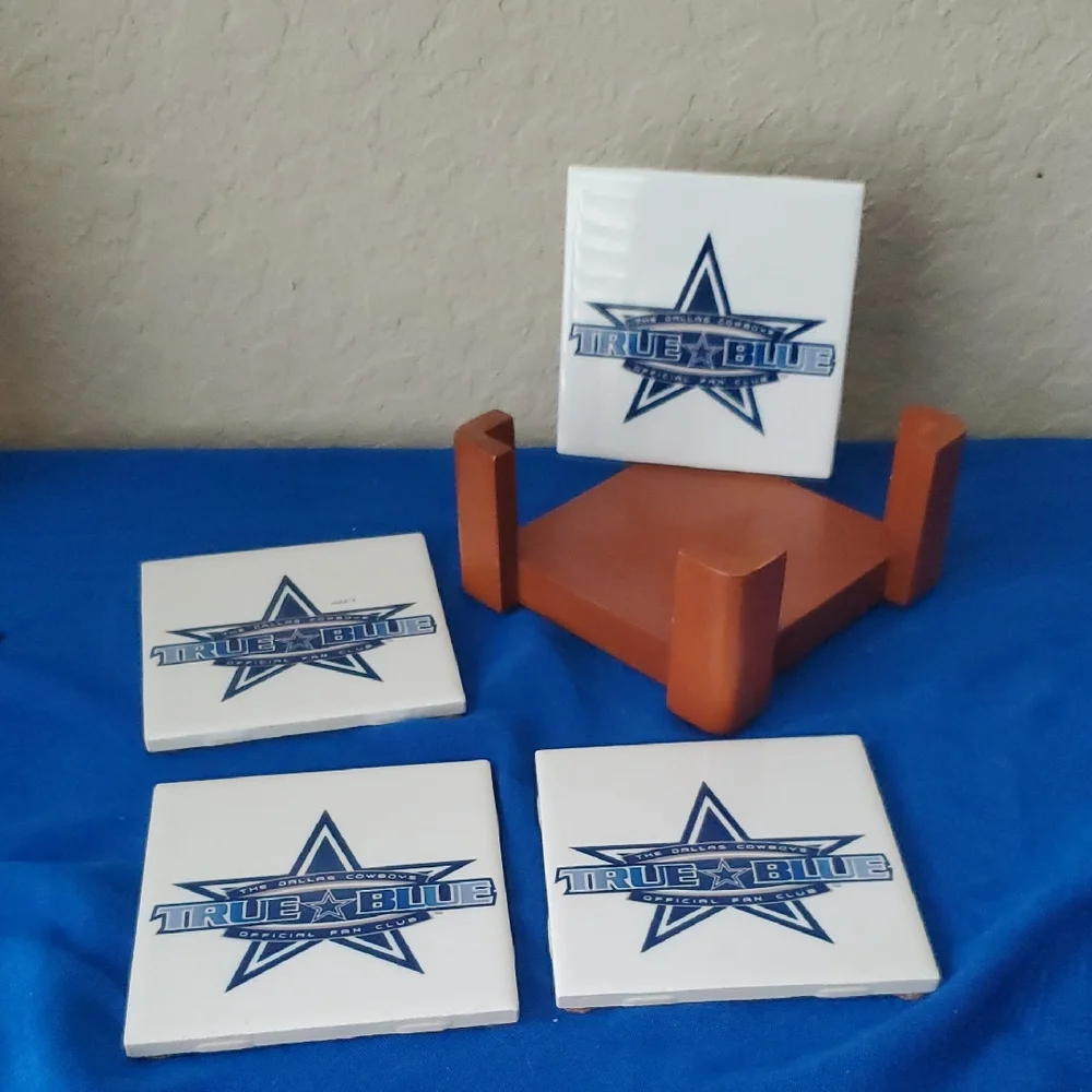 True Blue Star Ceramic Coaster Set with Holder